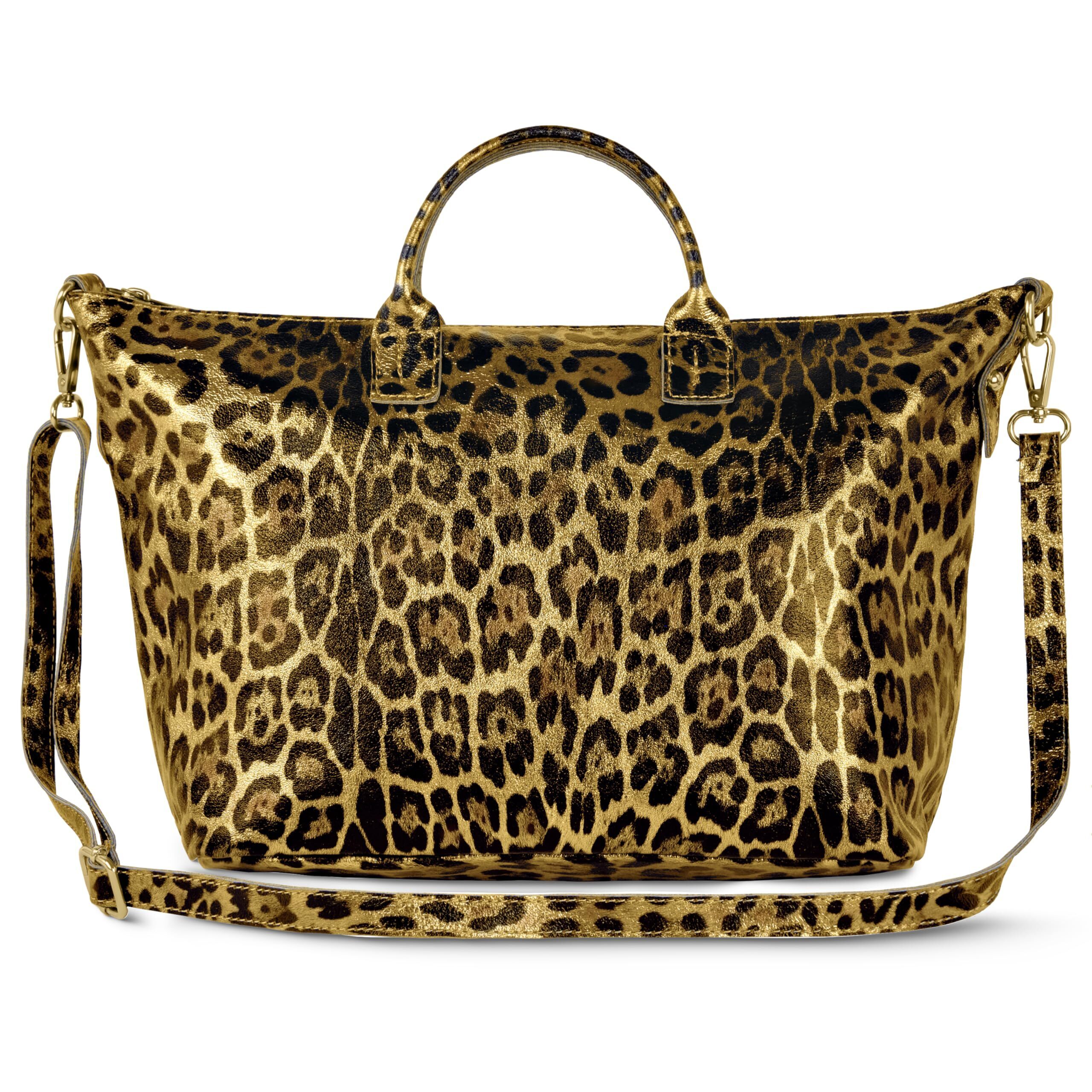 9206 Italian Genuine Metallic Suede Tote Bag With Leopard Print &